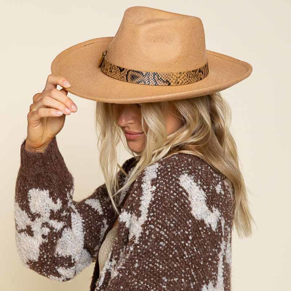NWT POL Snakeskin Buckle Brown Wool Wide Brim Fedora Hat